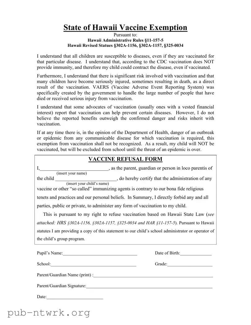 Blank Hawaii Vaccine Exemption PDF Form