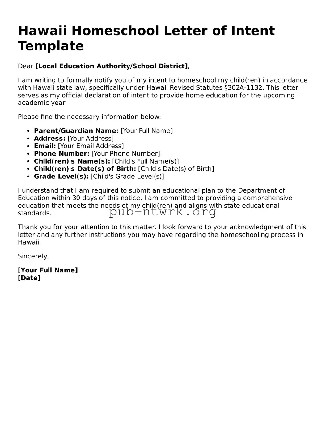 Free Hawaii Homeschool Letter of Intent Form