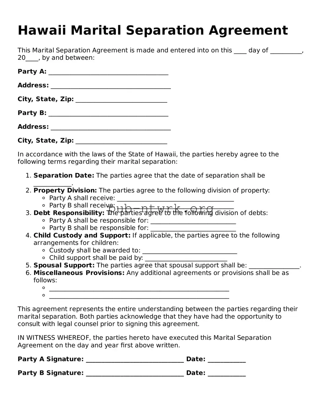 Free Hawaii Marital Separation Agreement Form