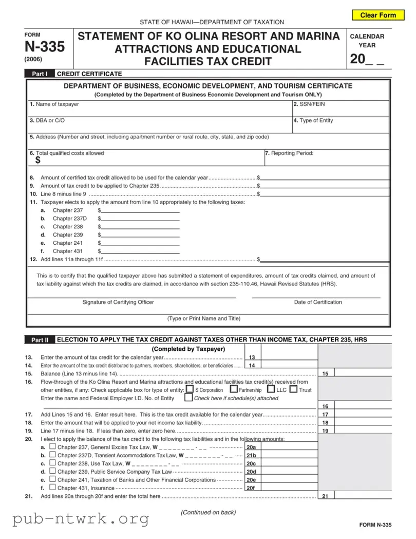 Blank Hawaii N 335 PDF Form