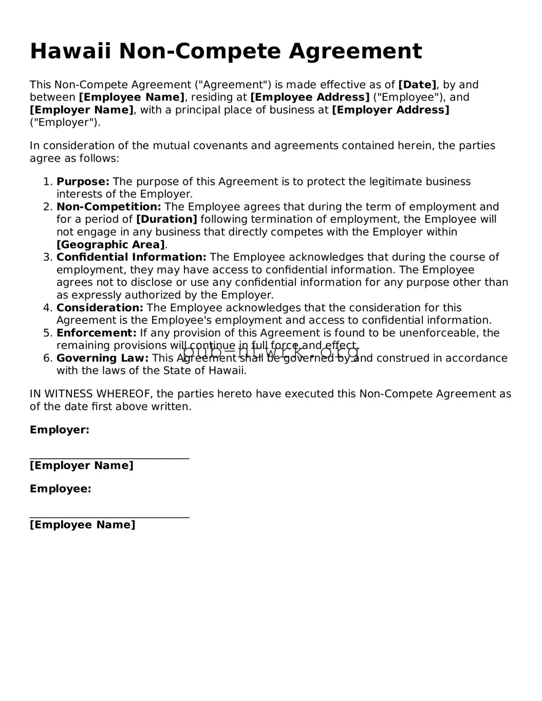 Free Hawaii Non-compete Agreement Form