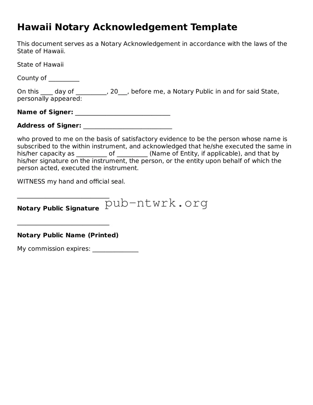 Free Hawaii Notary Acknowledgement Form