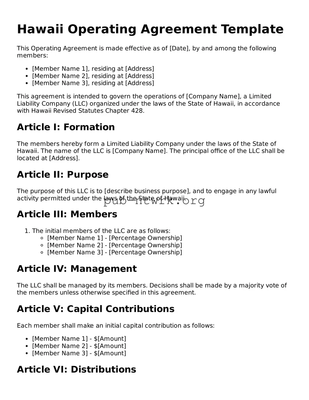 Free Hawaii Operating Agreement Form