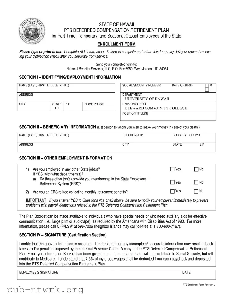 Blank Hawaii Pts Enrollment PDF Form