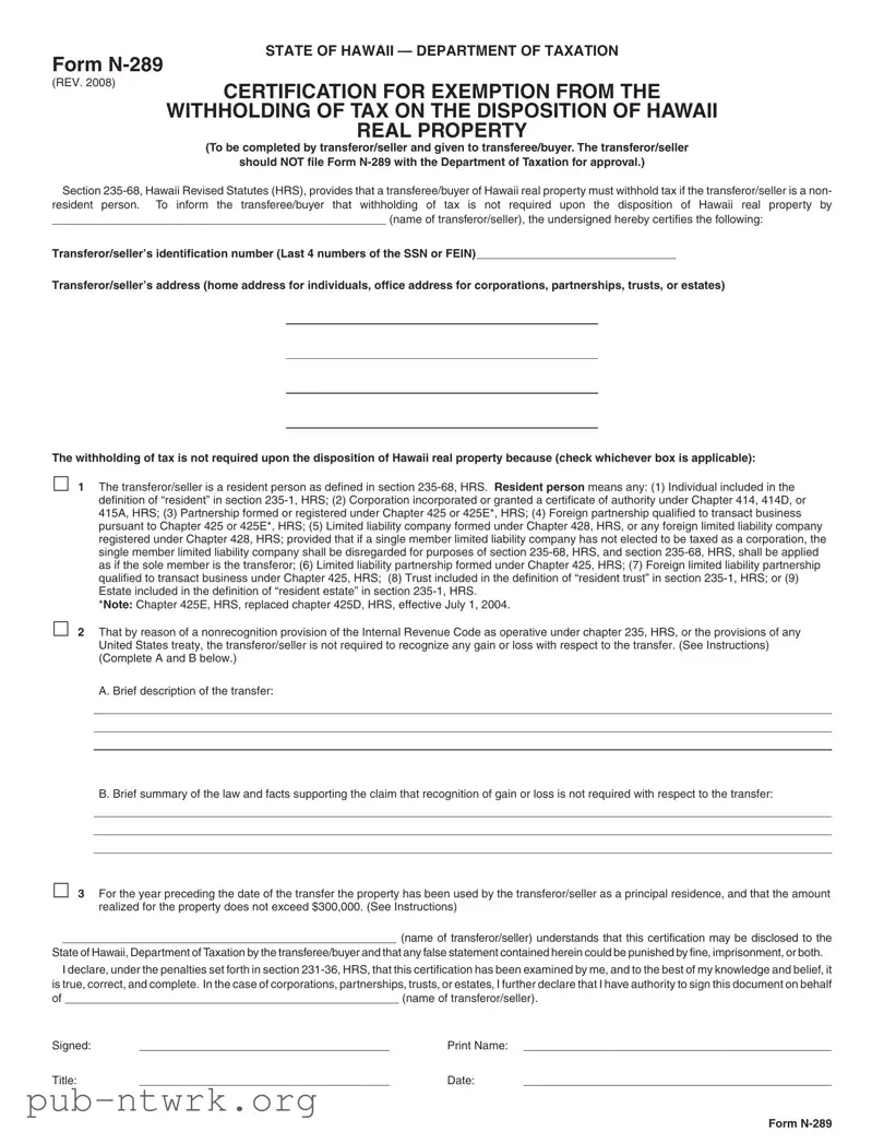Blank Hawaii N 289 PDF Form