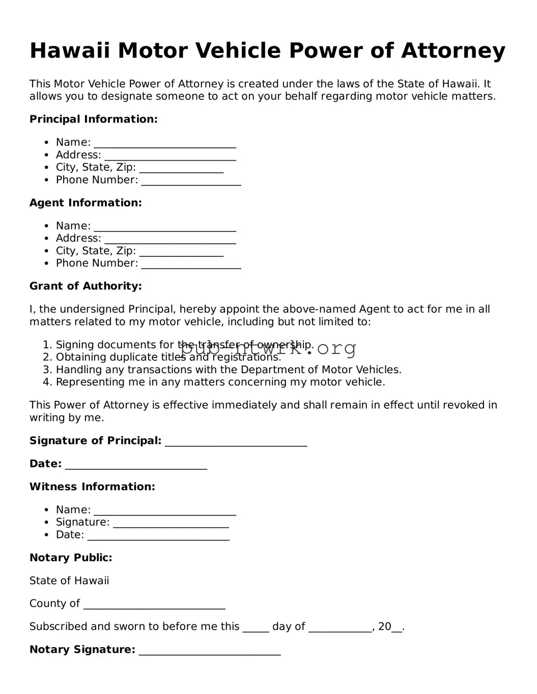 Free Hawaii Motor Vehicle Power of Attorney Form