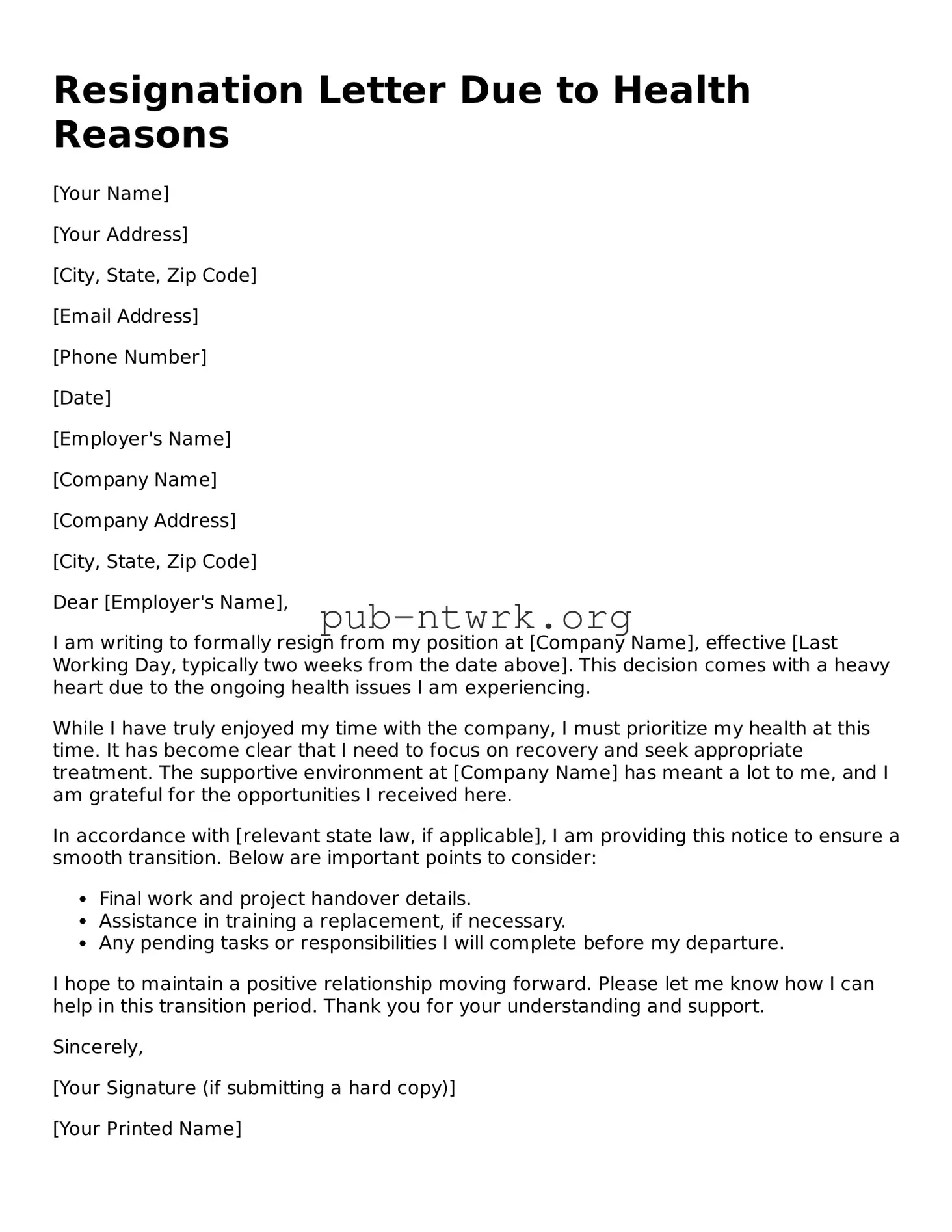 Legal Resignation Letter Due to Health Reasons Form