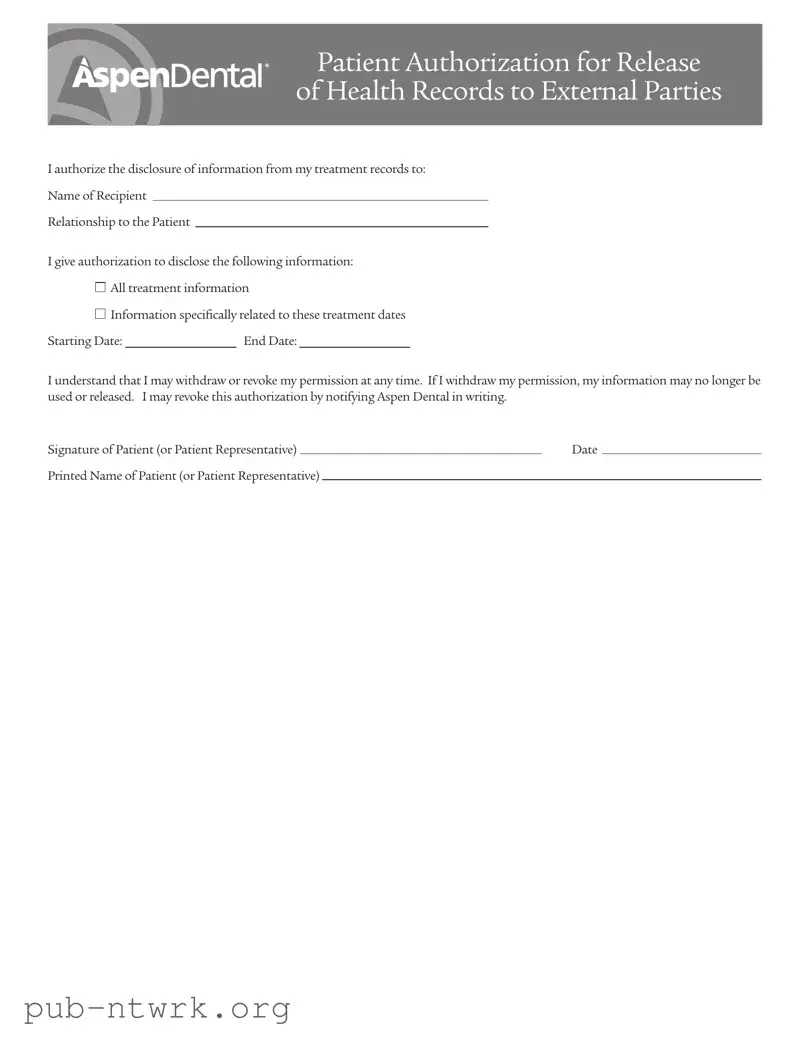 Blank Aspen Dental Health Information Release PDF Form