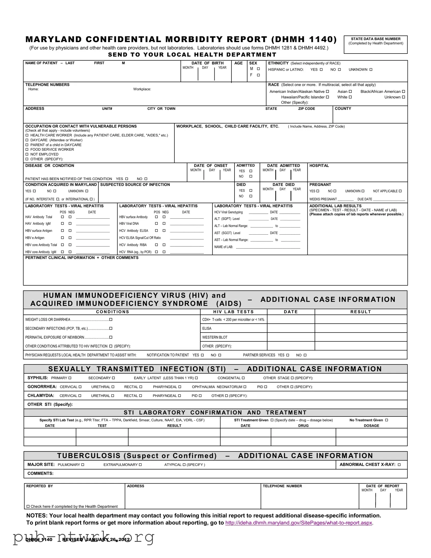 Blank Maryland Confidential Morbidity Report PDF Form