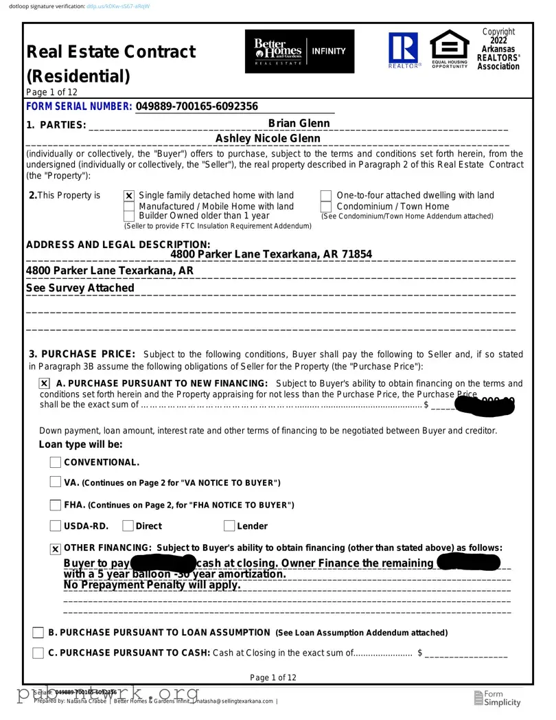 Blank Arkansas Real Estate Contract Residential PDF Form