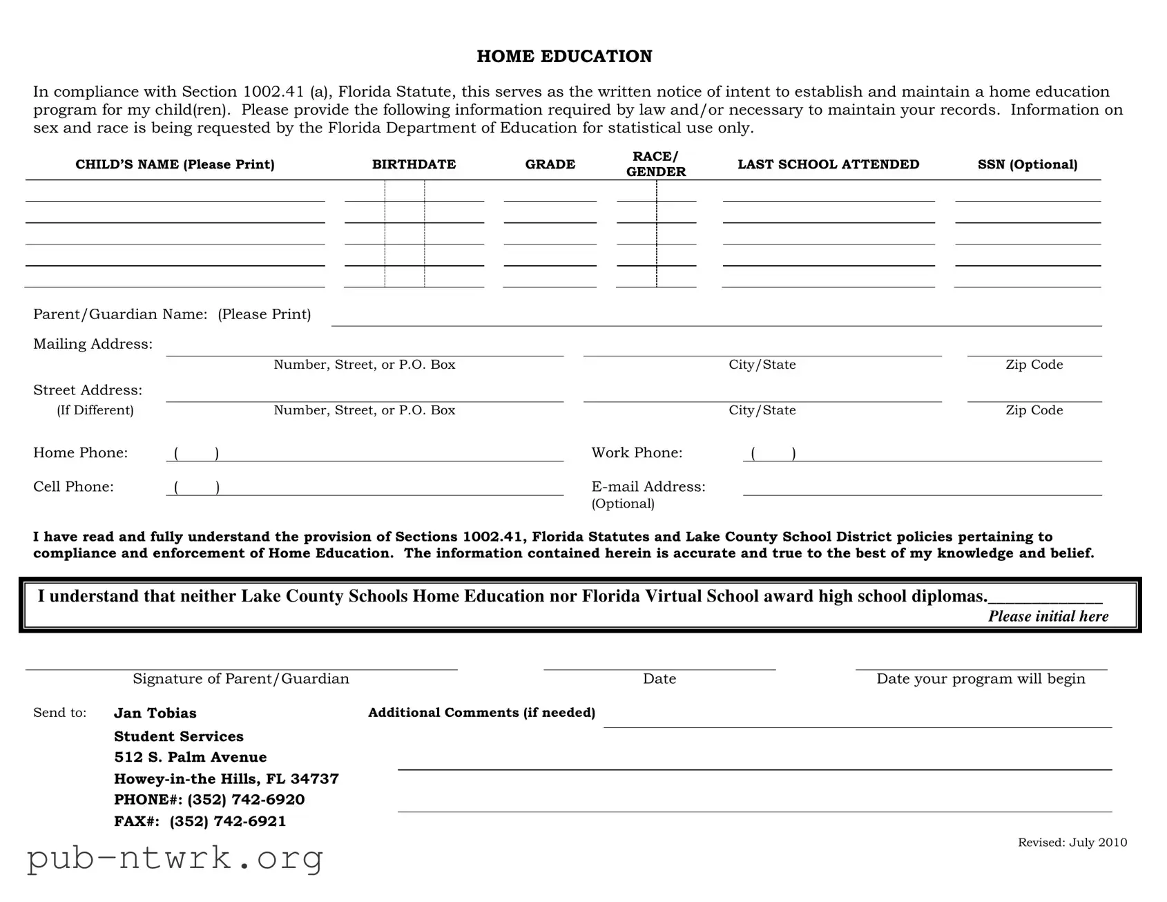 Blank Intent To Homeschool Florida PDF Form