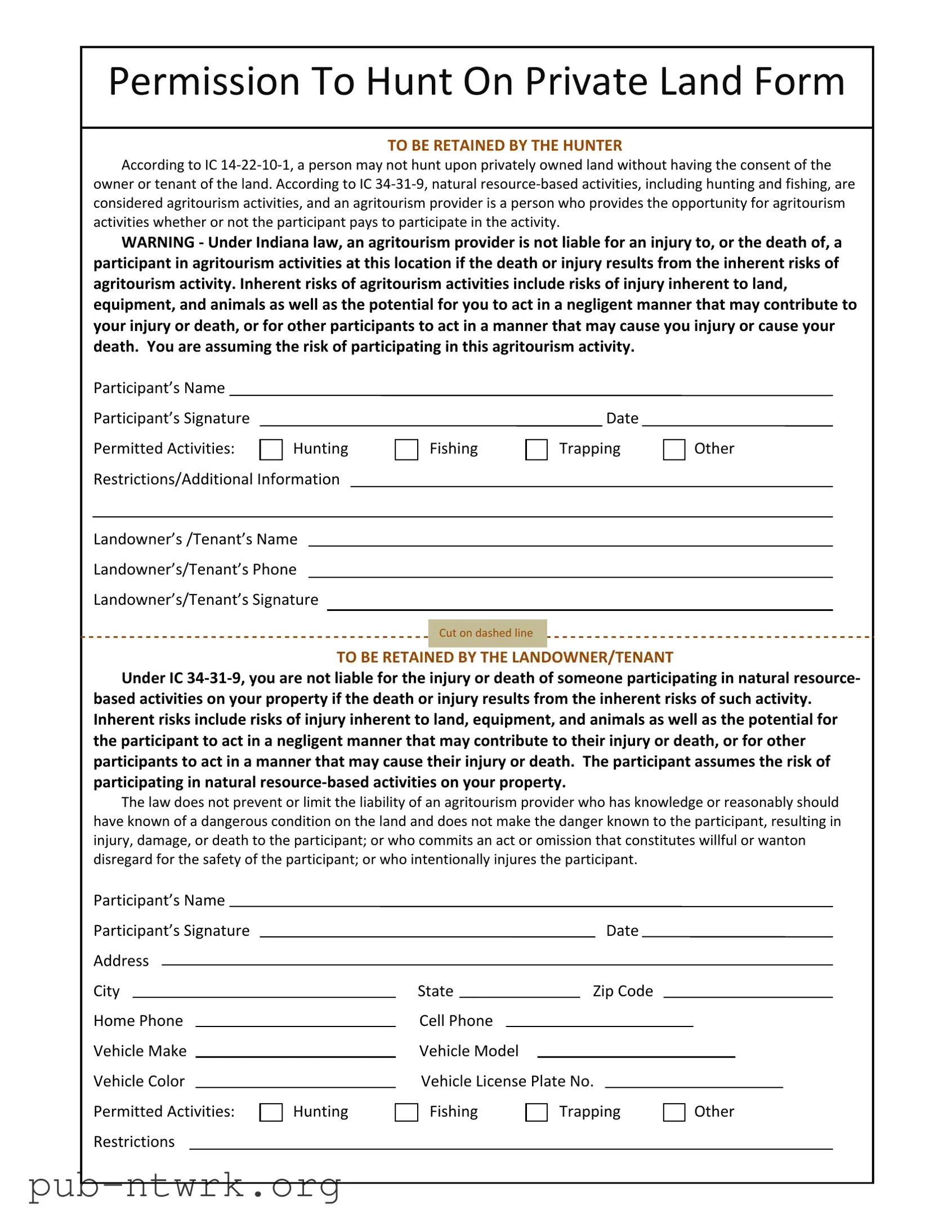 Blank Indiana Hunting Permission PDF Form