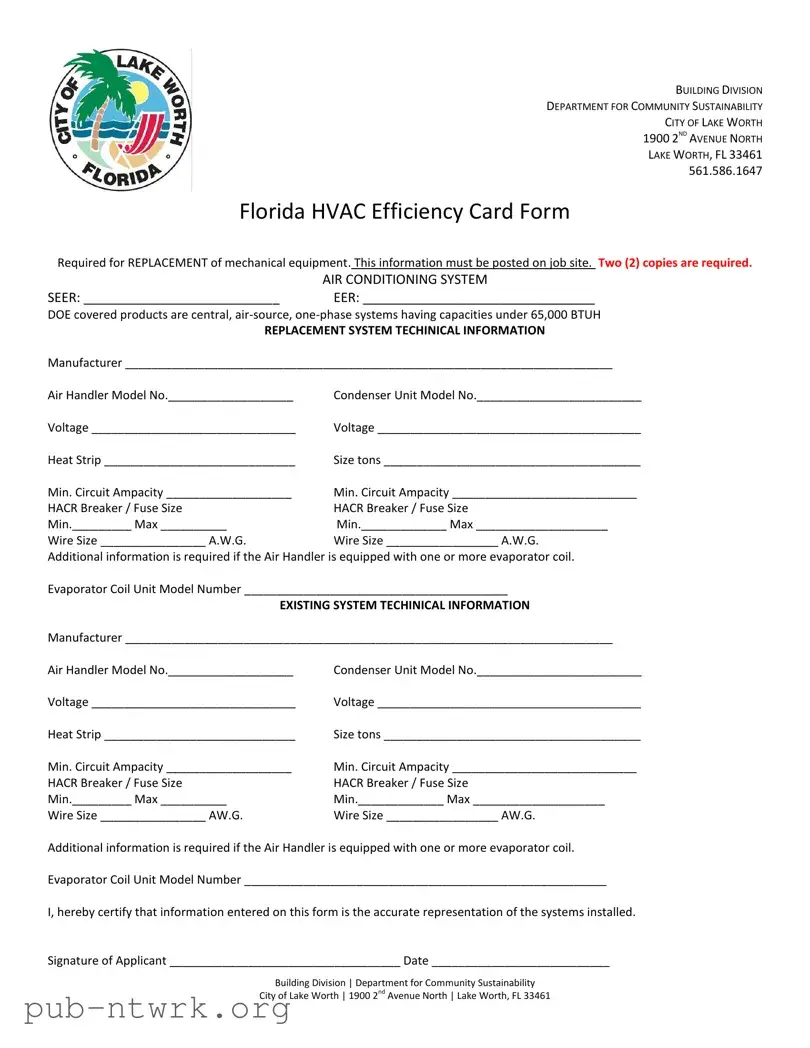 Blank Florida Hvac Efficiency Card PDF Form