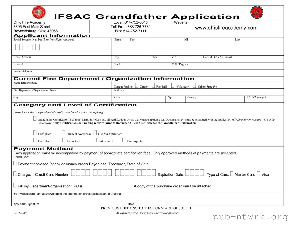Blank Ohio Ifsac Grandfather Application PDF Form