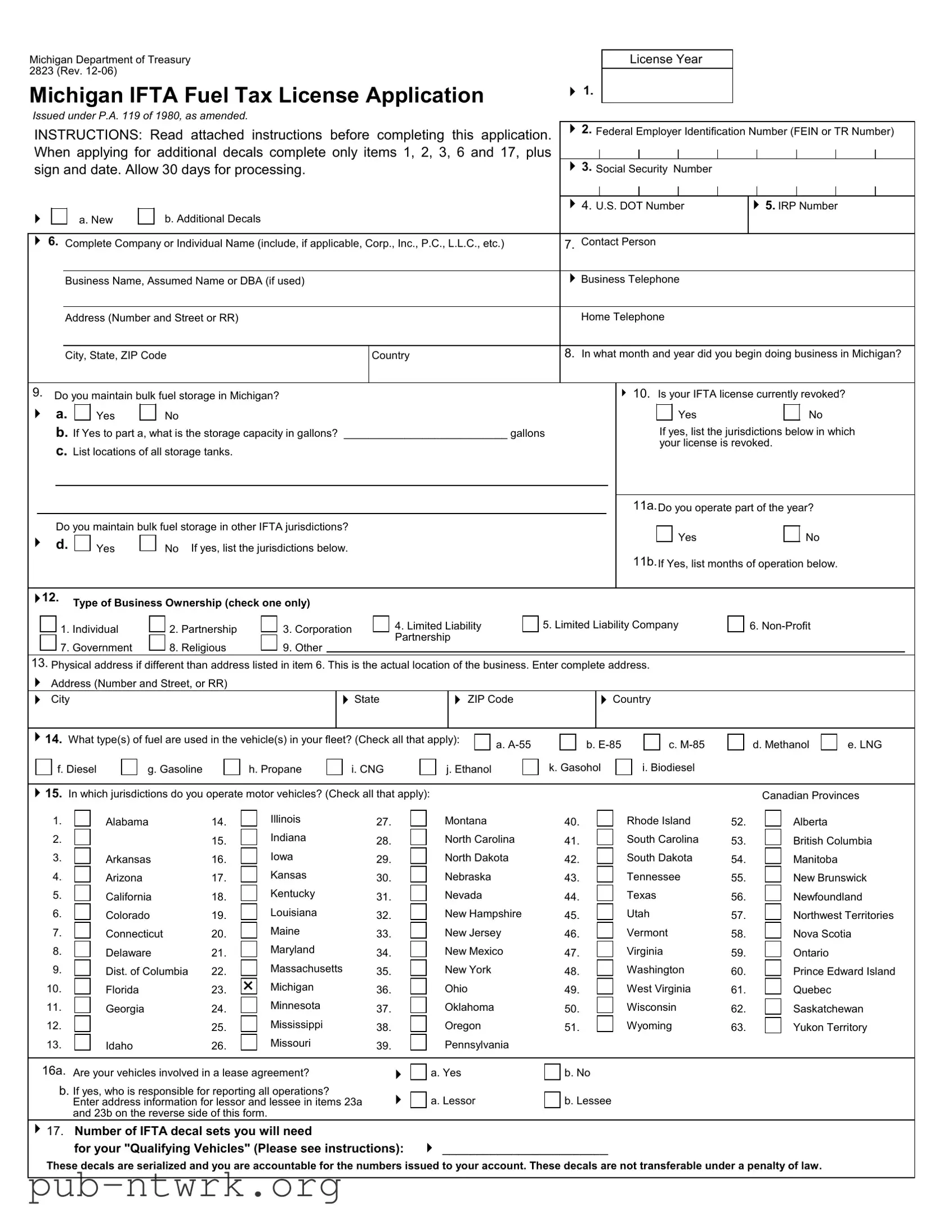 Blank Michigan 2823 PDF Form