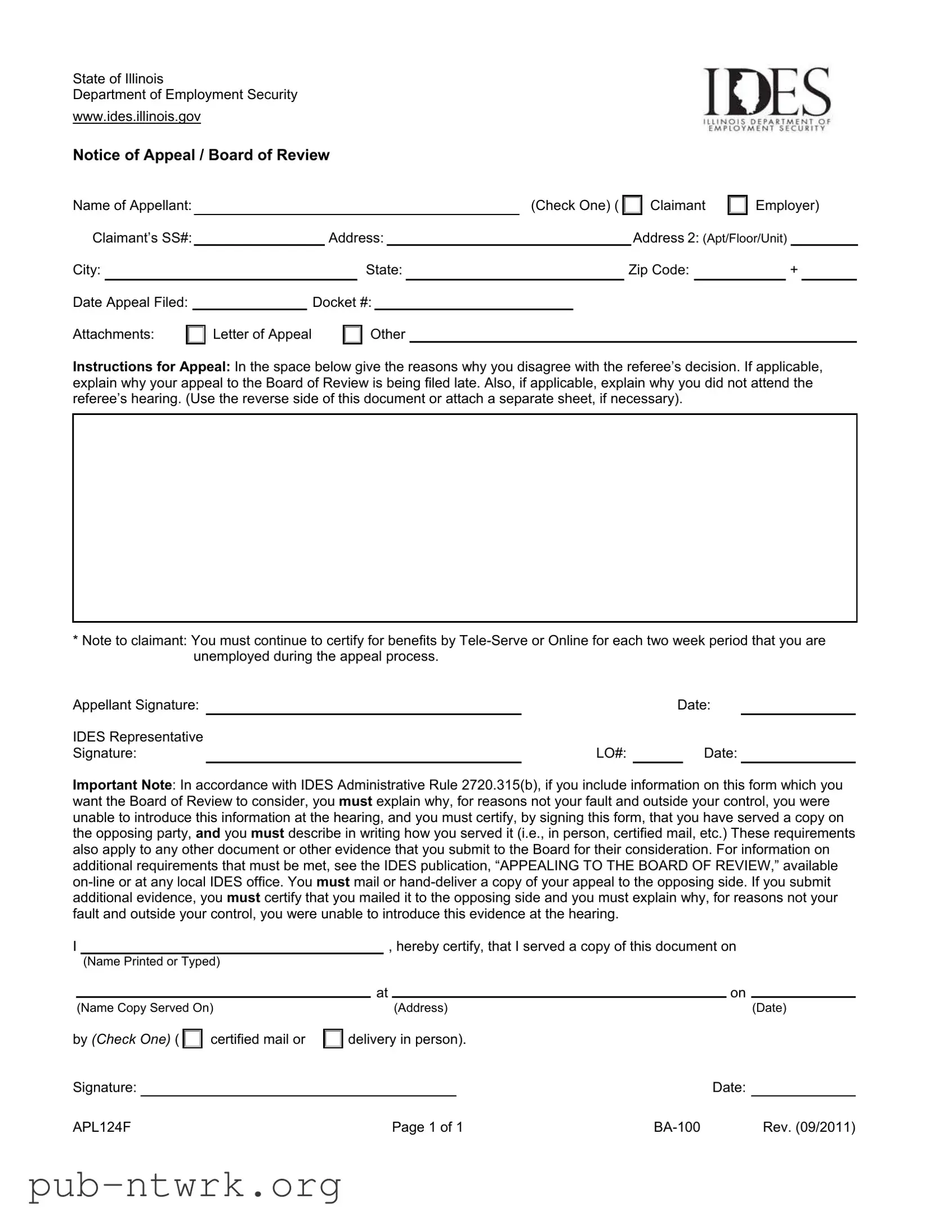 Blank Illinois Notice Appeal PDF Form