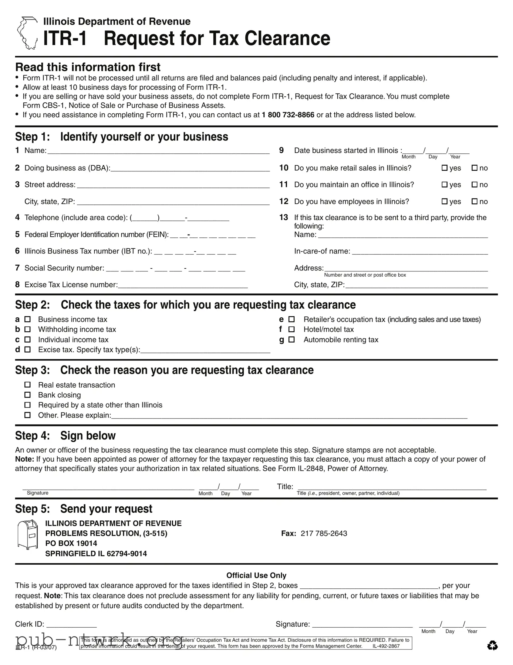 Blank Itr 1 Illinois PDF Form