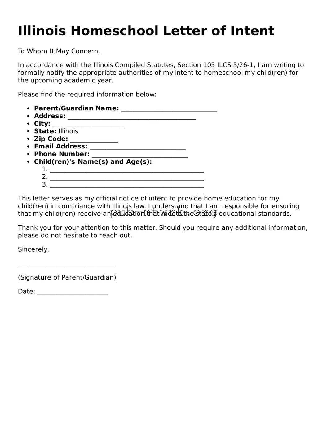 Free Illinois Homeschool Letter of Intent Form