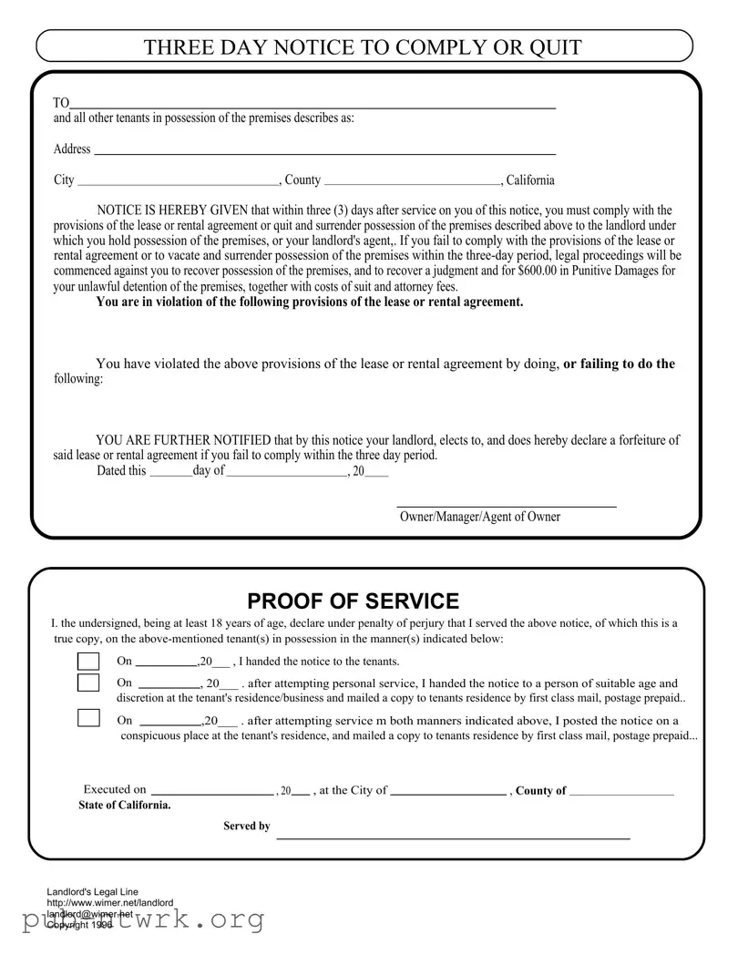 Blank 3 Day Quit Notice California PDF Form