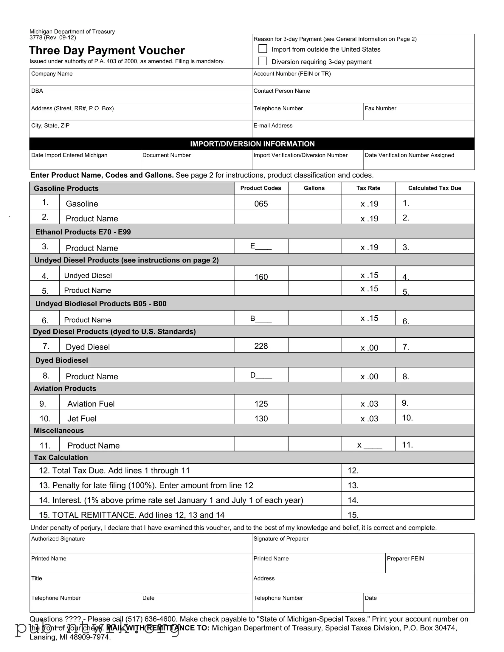 Blank Michigan 3778 PDF Form