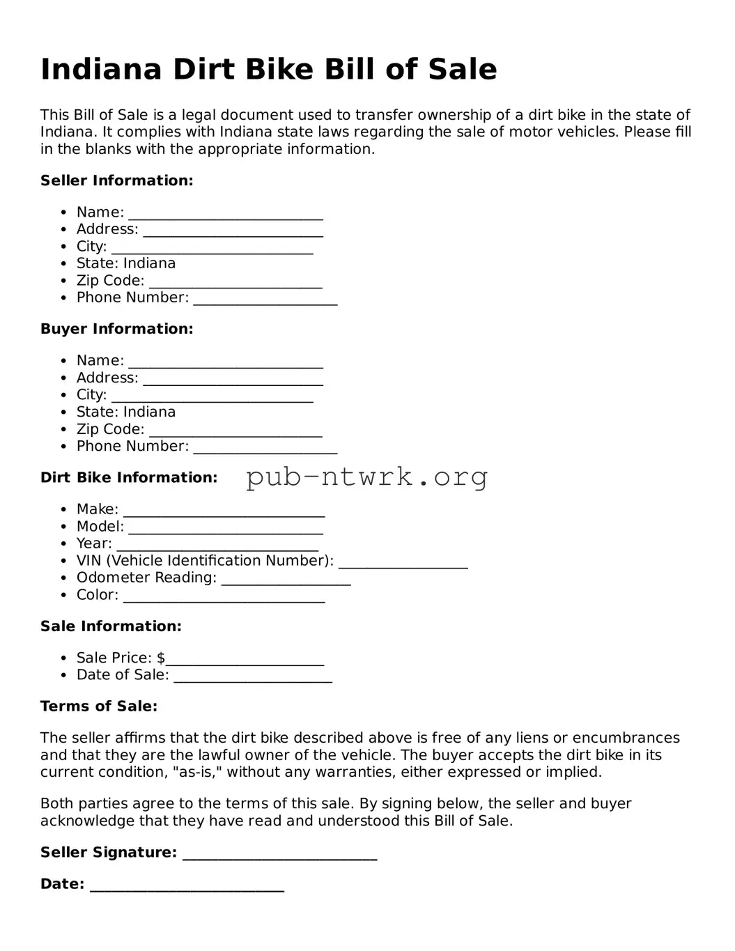 Free Indiana Dirt Bike Bill of Sale Form