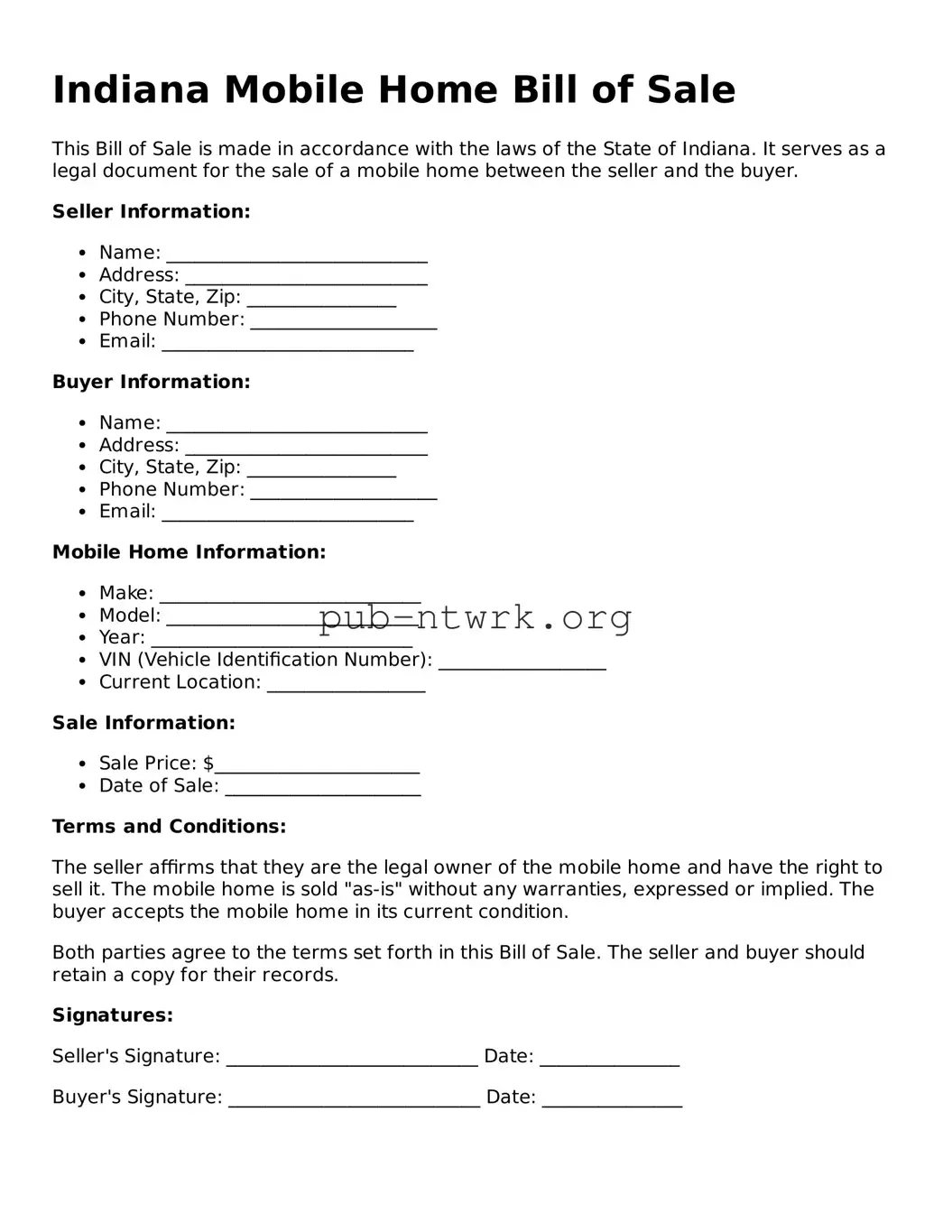 Free Indiana Mobile Home Bill of Sale Form