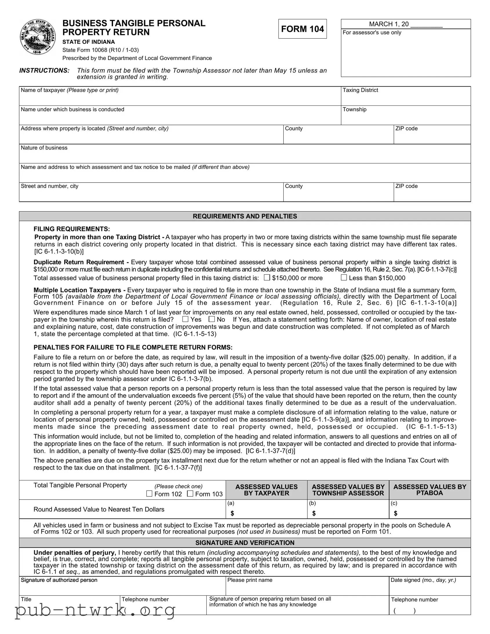 Blank Indiana State 104 PDF Form