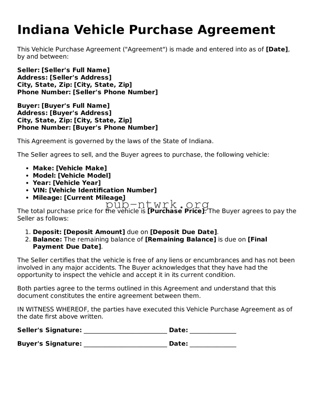 Free Indiana Vehicle Purchase Agreement Form