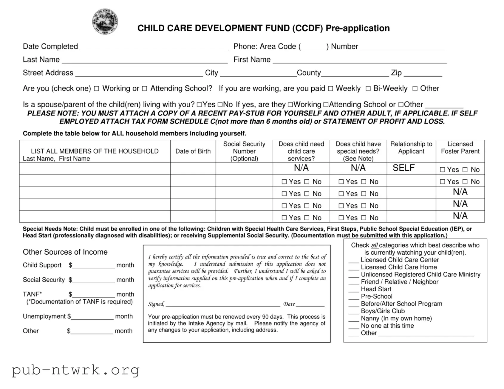 Blank Indiana Ccdf Application PDF Form