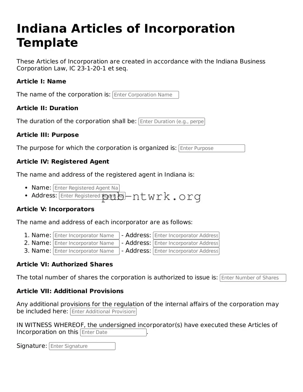 Free Indiana Articles of Incorporation Form