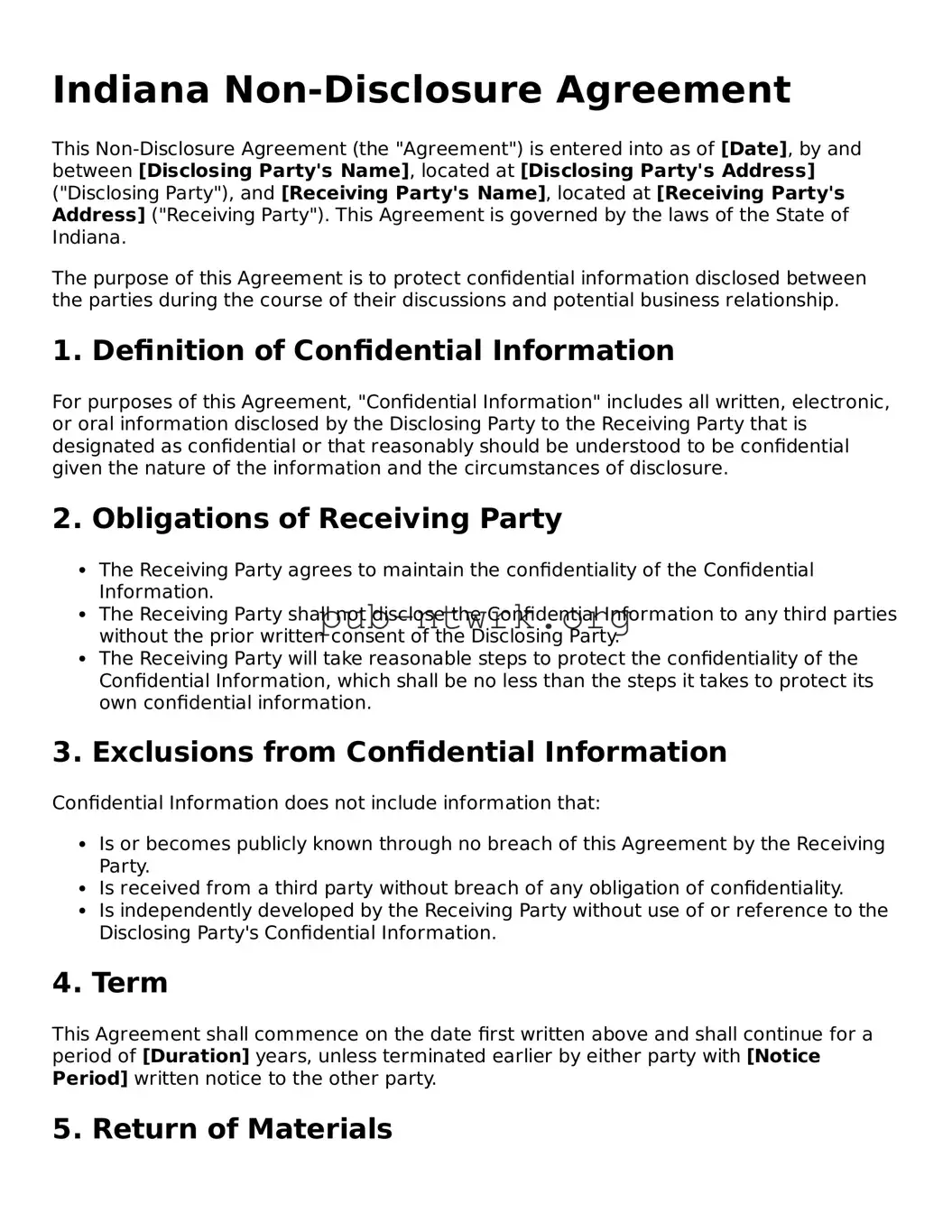 Free Indiana Non-disclosure Agreement Form