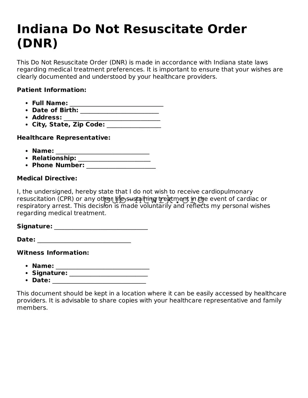 Free Indiana Do Not Resuscitate Order Form
