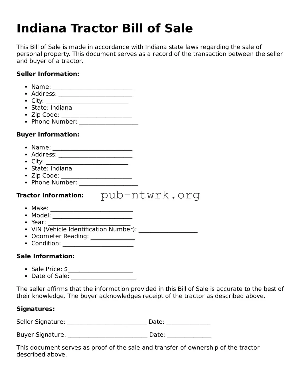 Free Indiana Tractor Bill of Sale Form