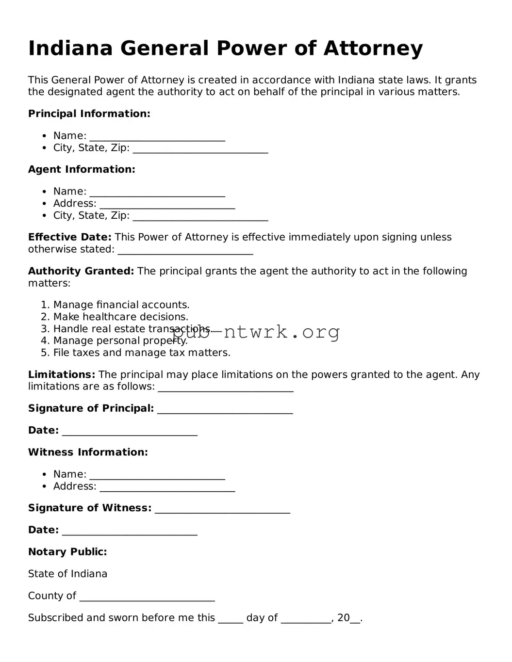 Free Indiana General Power of Attorney Form