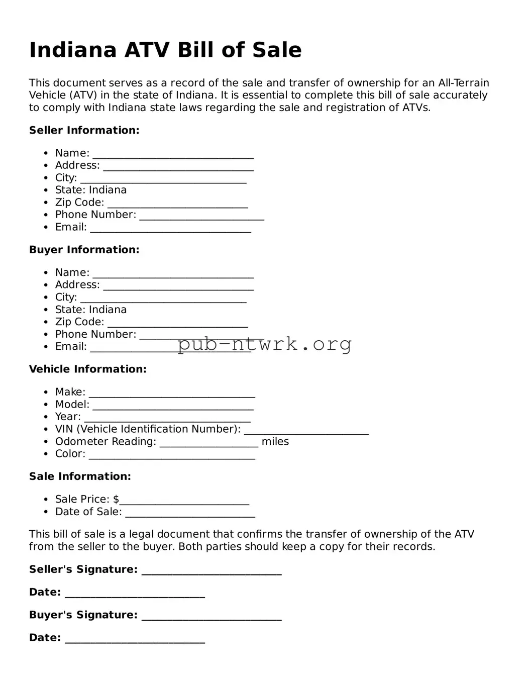 Free Indiana ATV Bill of Sale Form