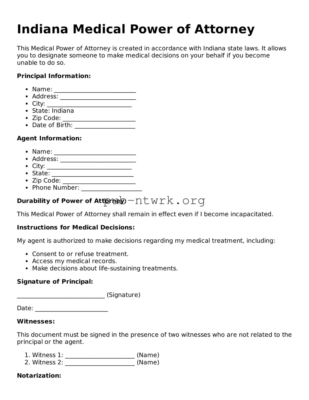 Free Indiana Medical Power of Attorney Form
