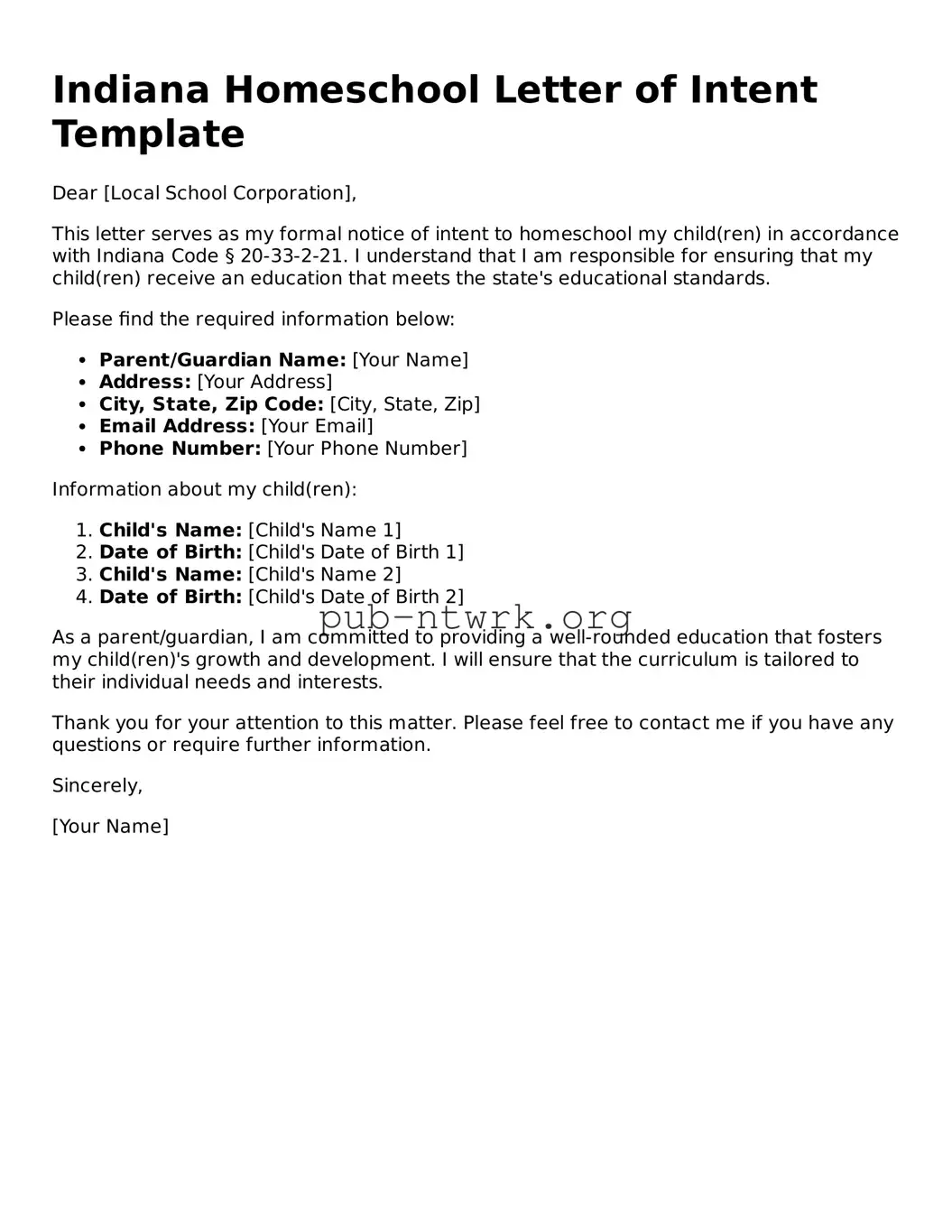 Free Indiana Homeschool Letter of Intent Form