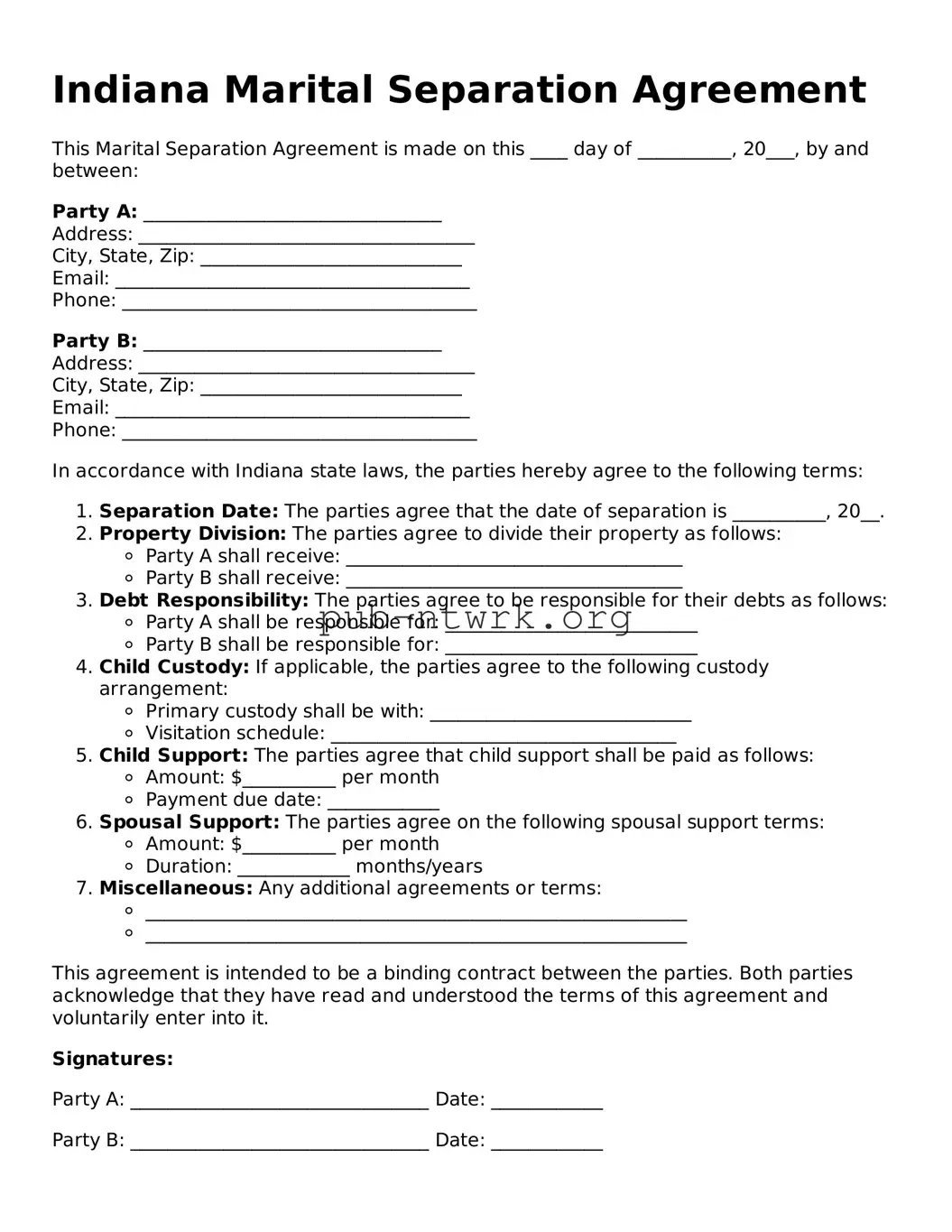 Free Indiana Marital Separation Agreement Form
