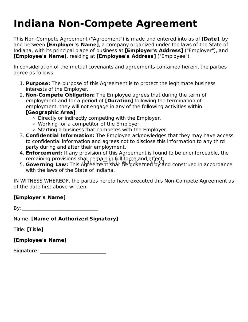 Free Indiana Non-compete Agreement Form