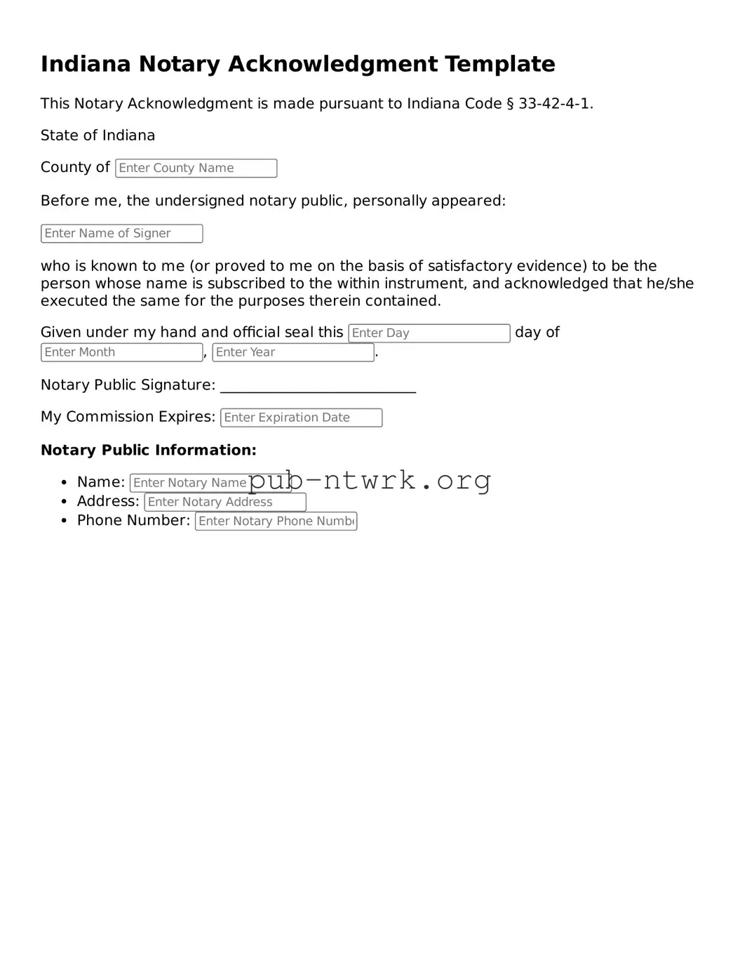 Free Indiana Notary Acknowledgement Form