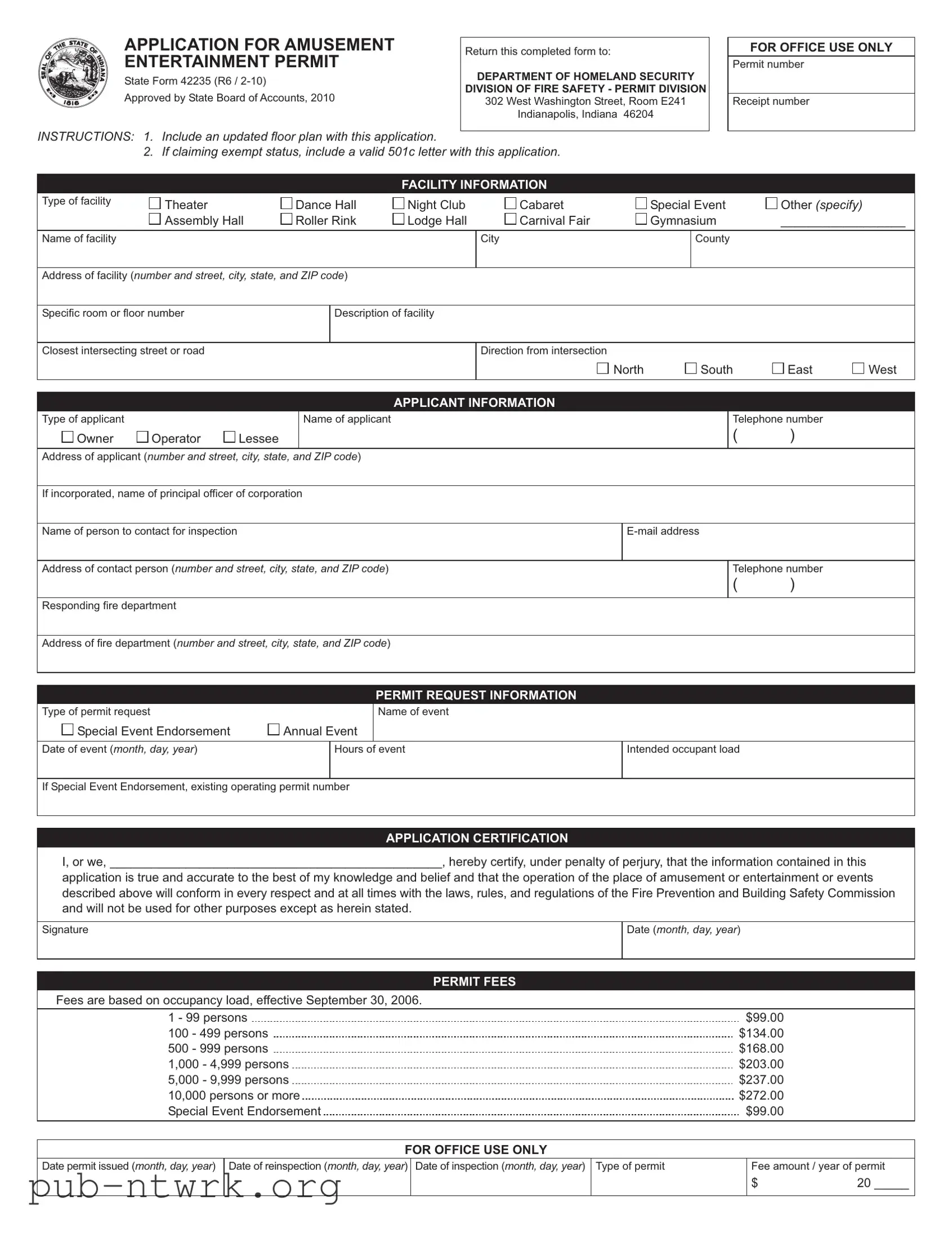 Blank Indiana Entertainment Permit PDF Form