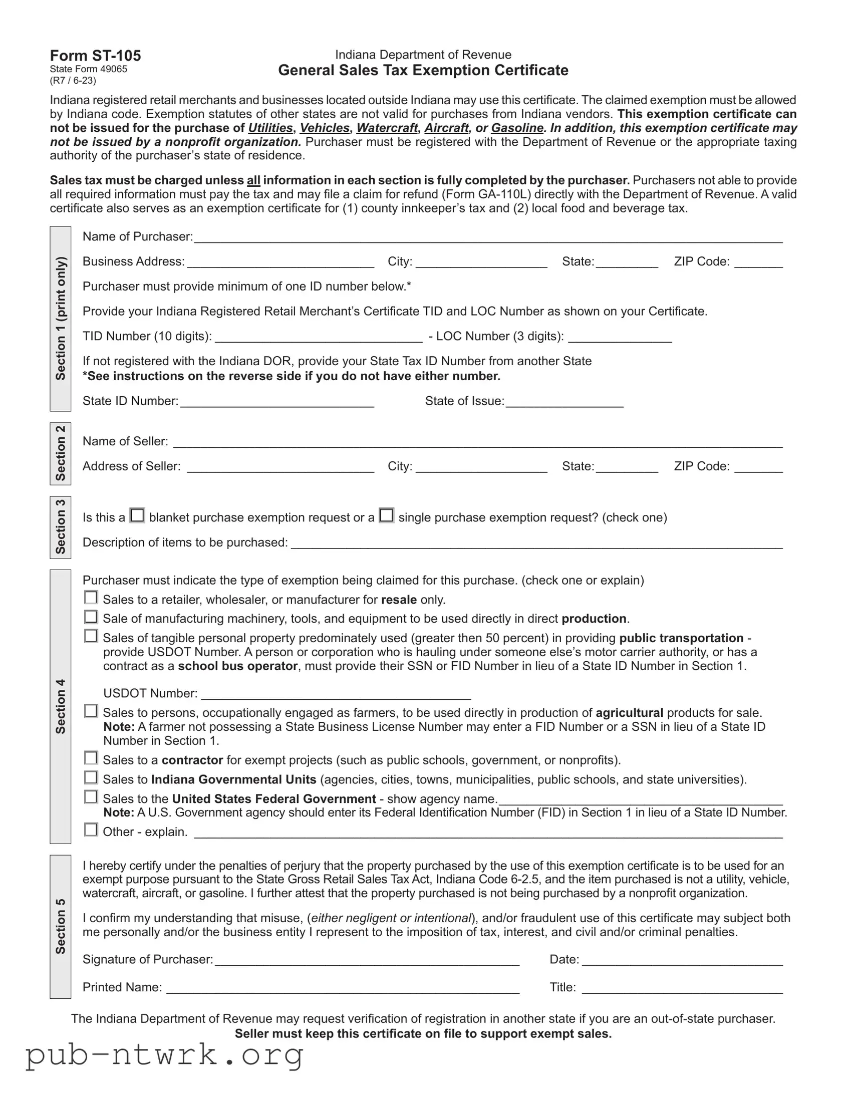 Blank Indiana St 105 PDF Form