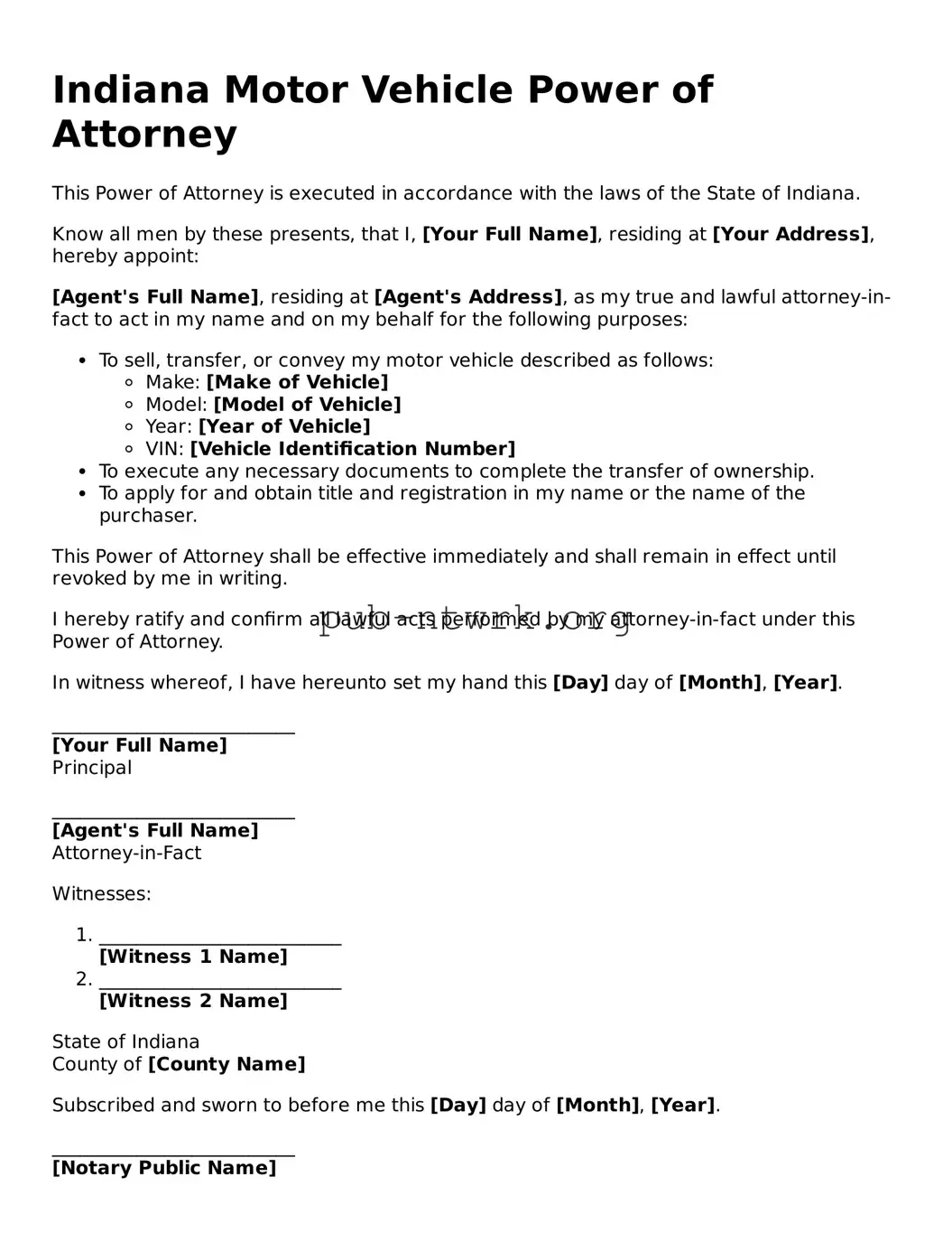 Free Indiana Motor Vehicle Power of Attorney Form