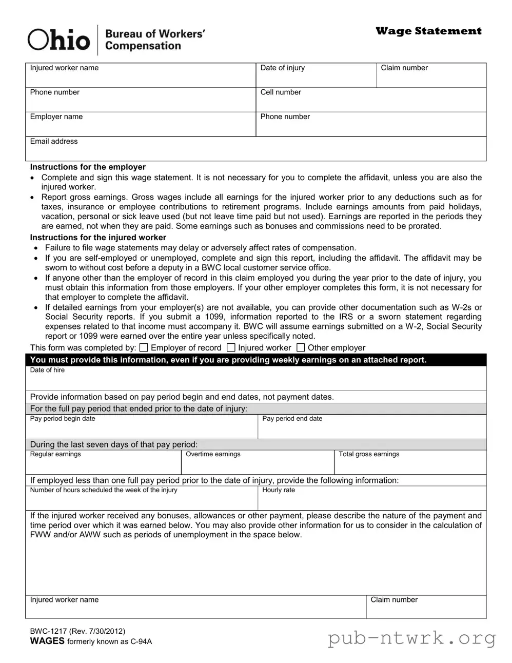 Blank Ohio Bwc 1217 PDF Form