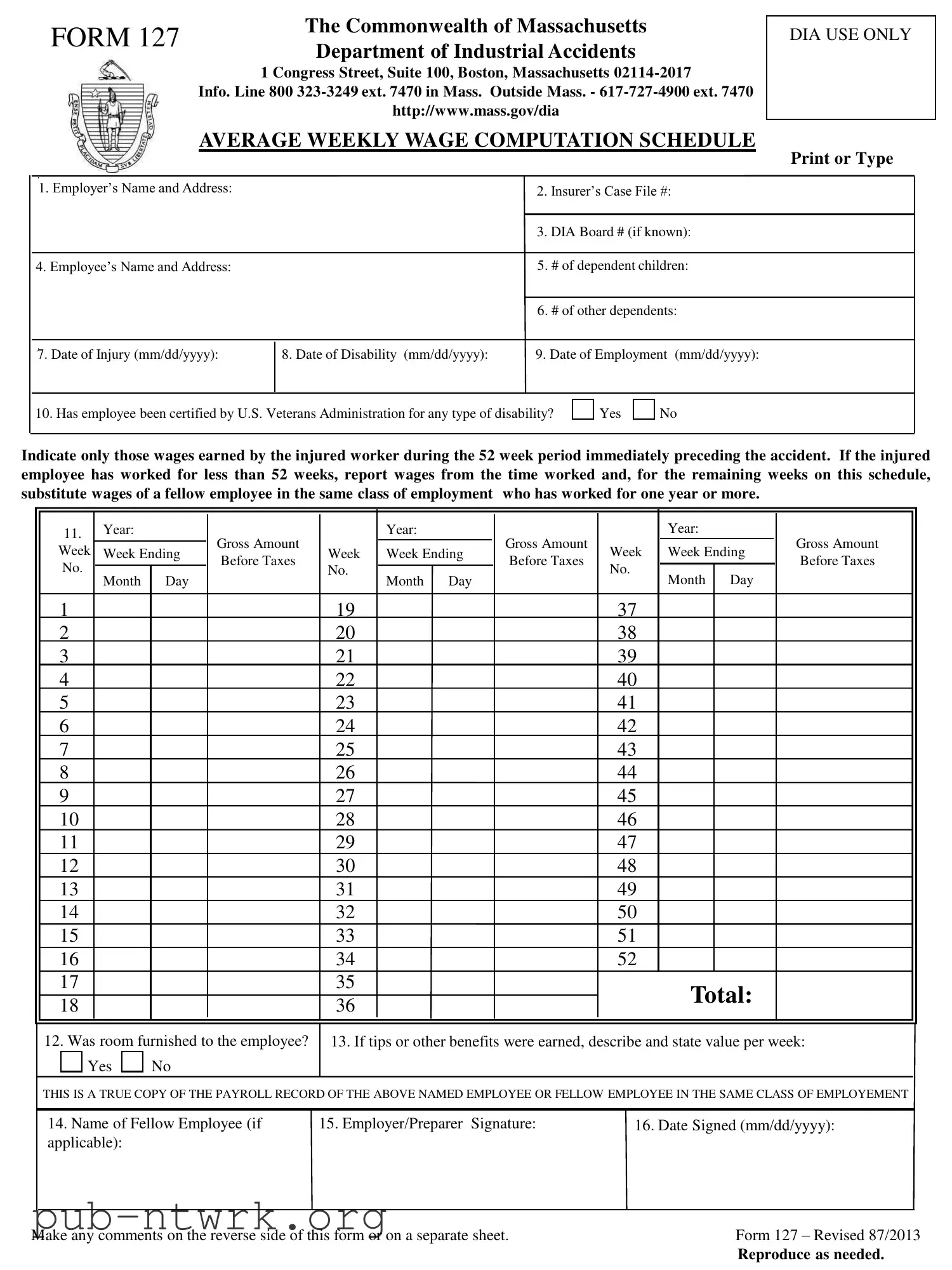 Blank Massachusetts 127 PDF Form