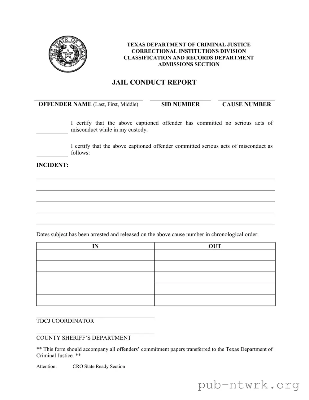Blank Texas Jail Conduct Report PDF Form
