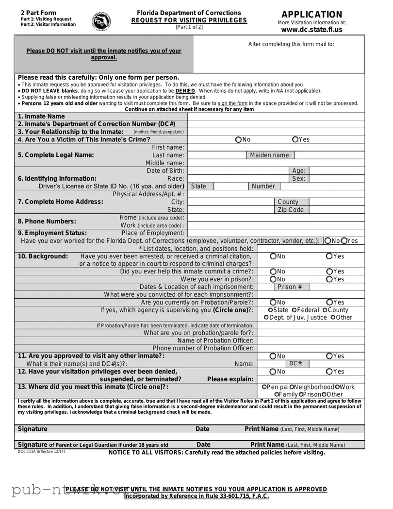 Blank Department Of Corrections Visitation Florida PDF Form