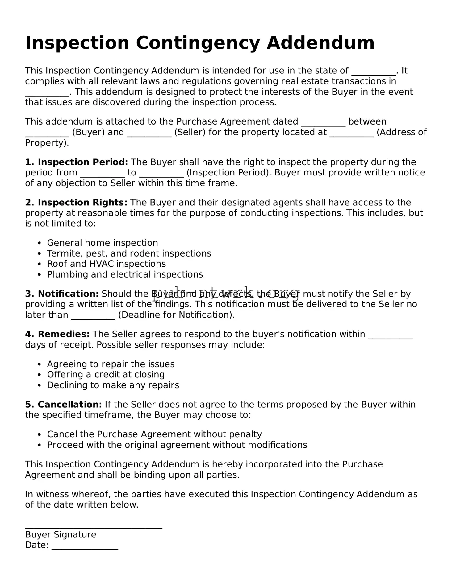 Legal Inspection Contingency Addendum Form