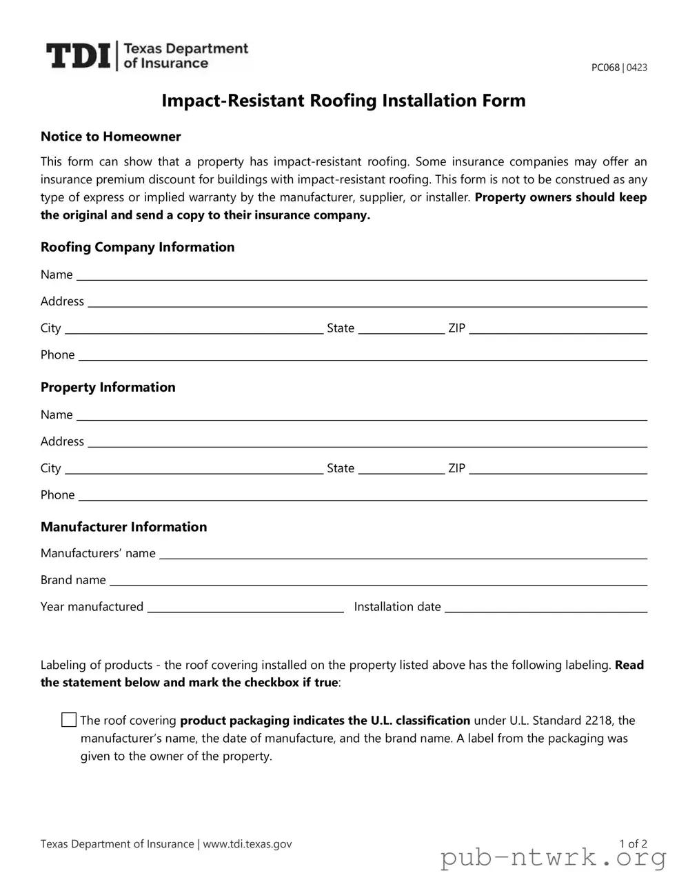 Blank Texas Pc068 PDF Form