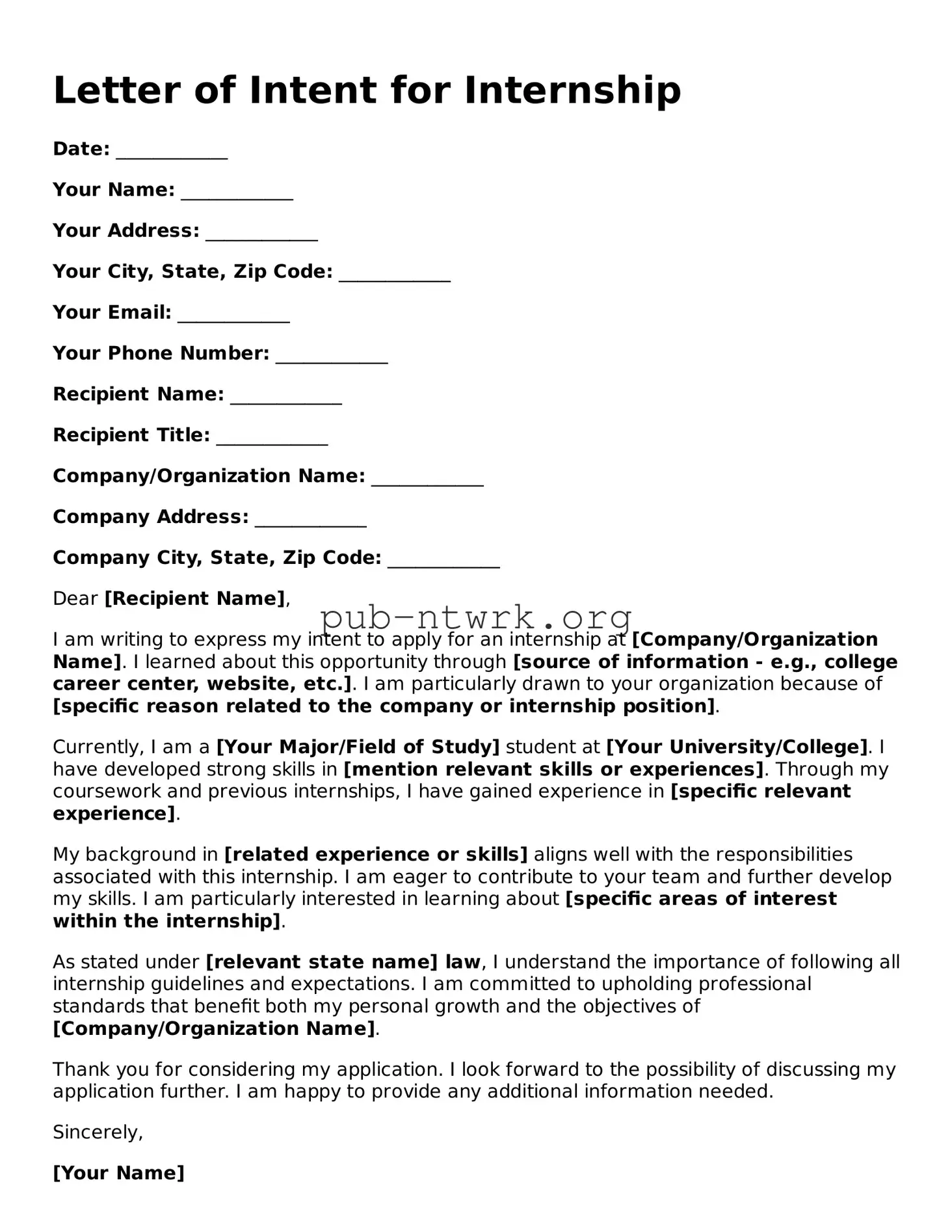 Legal Letter of Intent for Internship Form